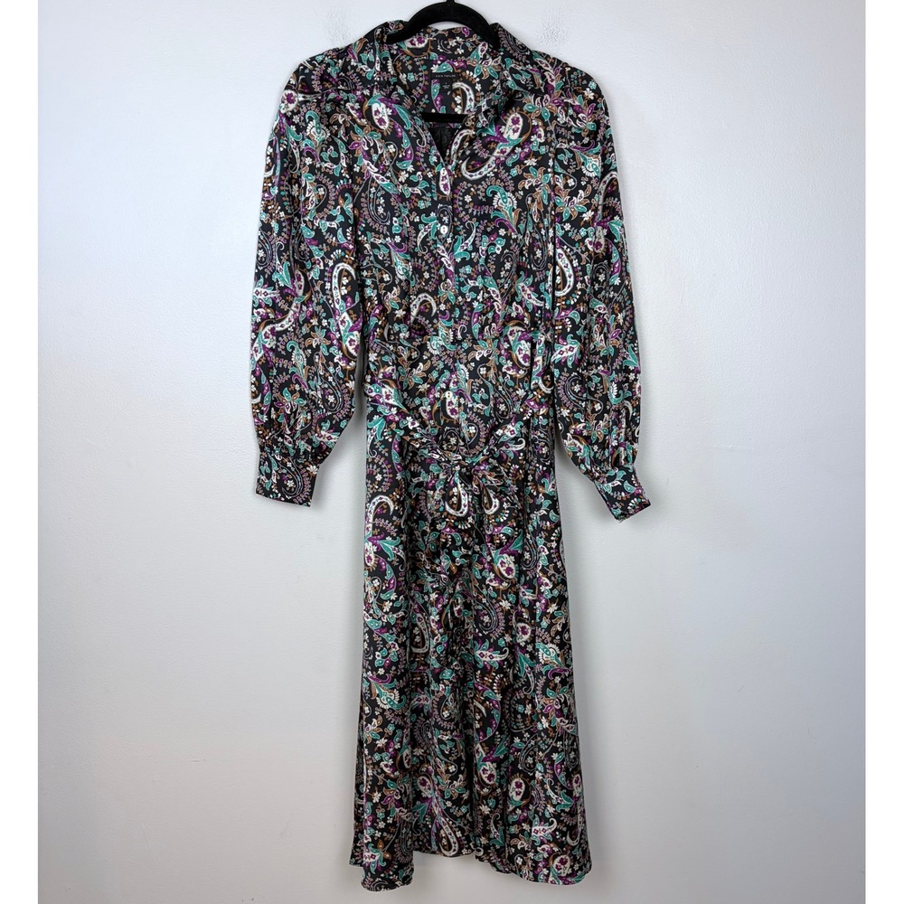 Ann Taylor Floral Belted Shirtdress Button Front Long Sleeve Midi Black Size 2 - Picture 2 of 15